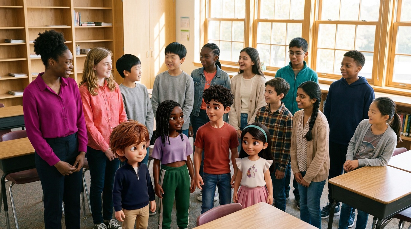 Scene build: animated and live-action characters together in a classroom