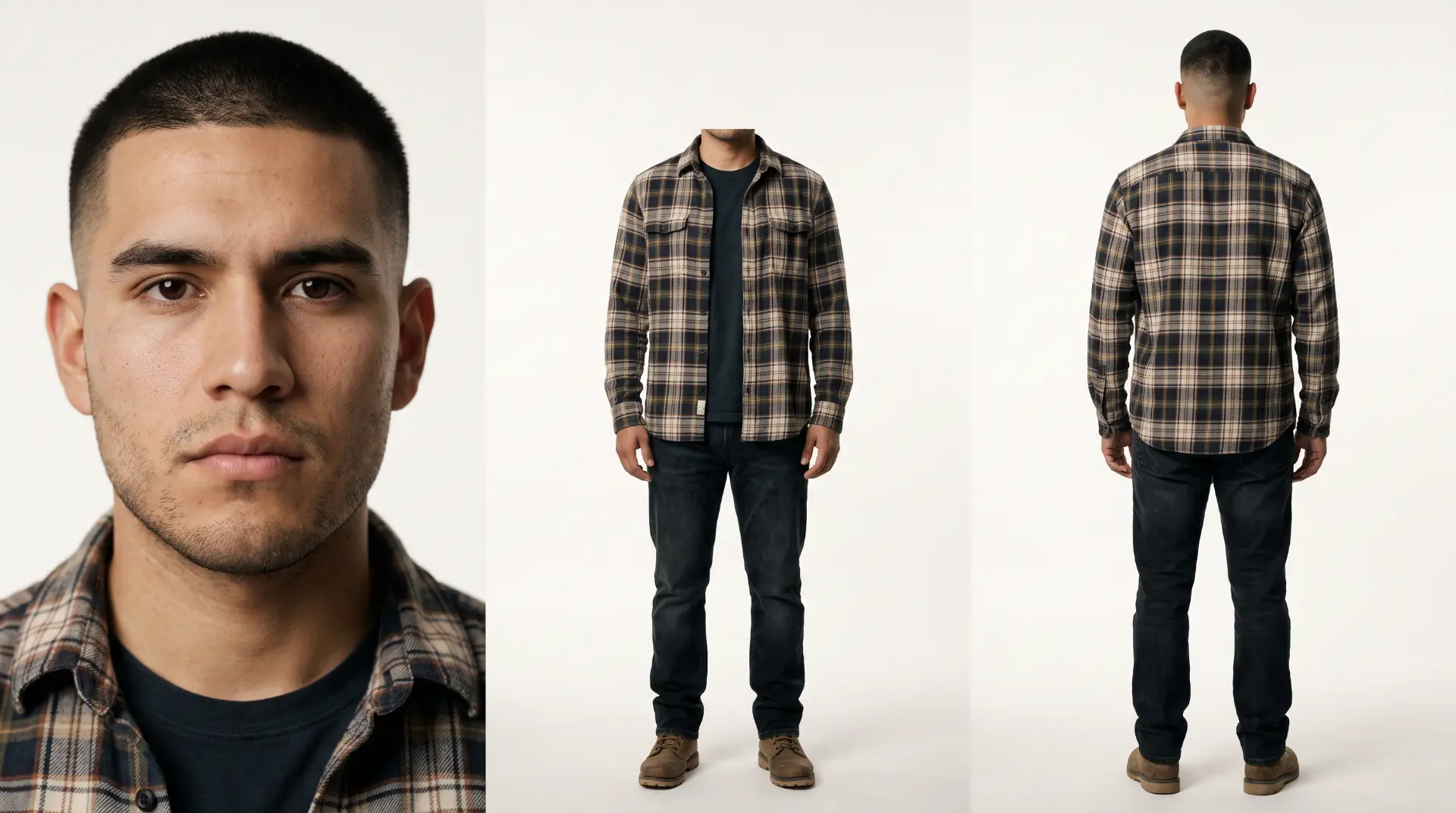 Actor production sheet with headshot, front view and back view