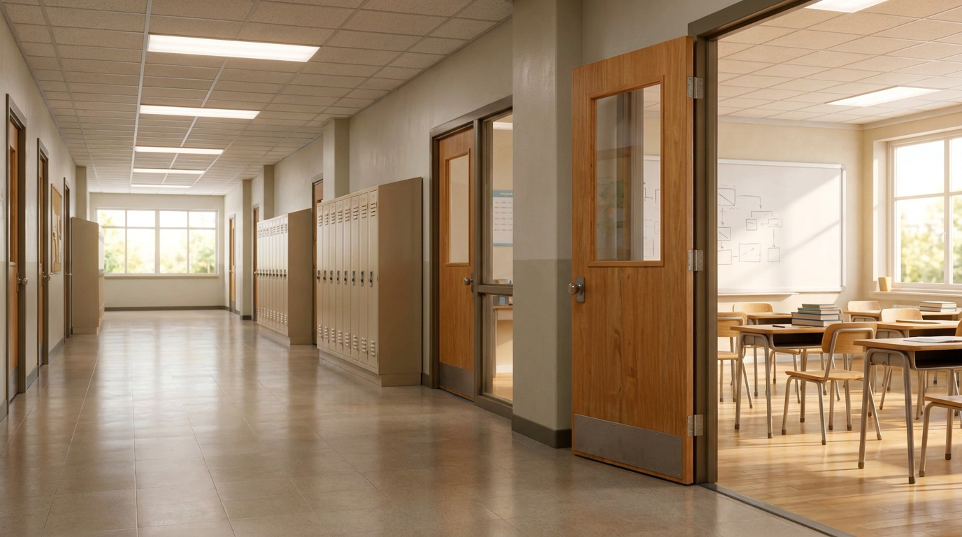 Lighting study: school hallway and classroom, warm morning light