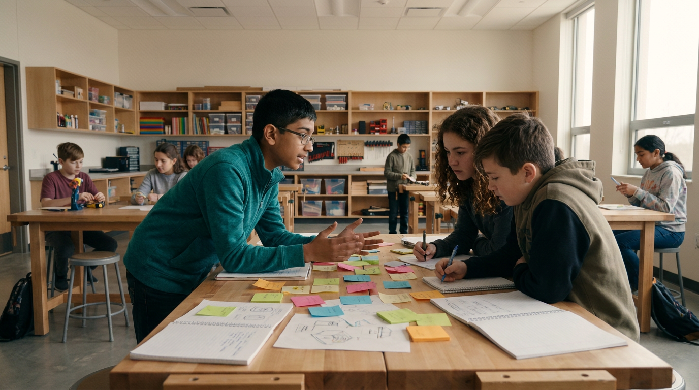 Scene build: students collaborating around a workbench in a maker space