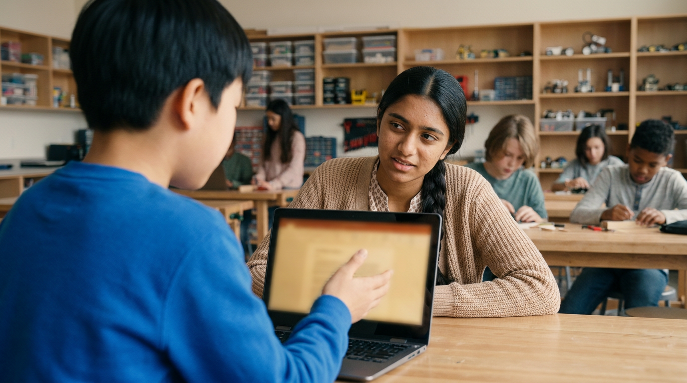 Scene build: a mentor guiding a student through a laptop screen