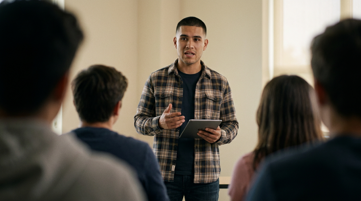 Scene build: a young founder presenting to a seated group with a tablet