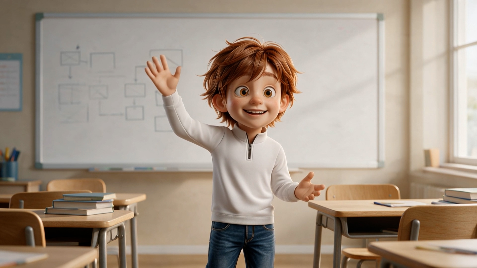 Visual style: Codi, the 3D animated young founder, in a sunlit classroom