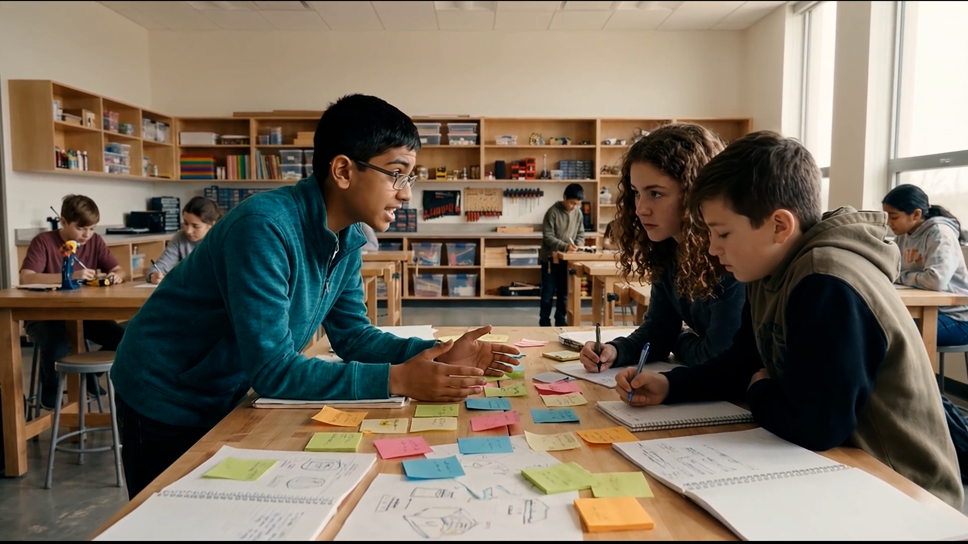 Scene build: the pitch, with storyboards and sticky notes across a table