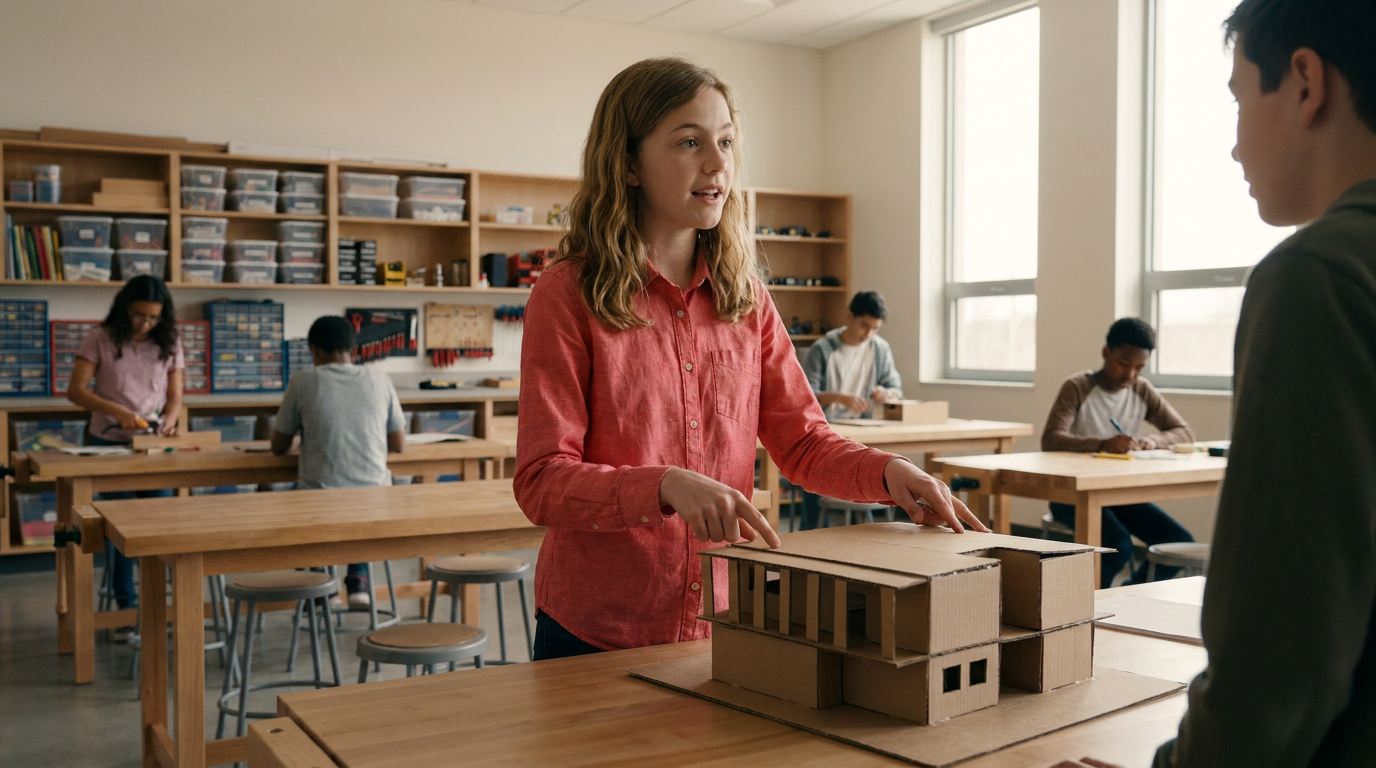 Scene build: a young founder presenting a cardboard architecture model