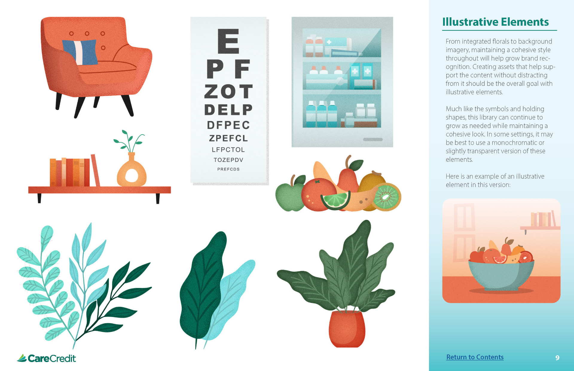 Style guide page showing the library of illustrative elements